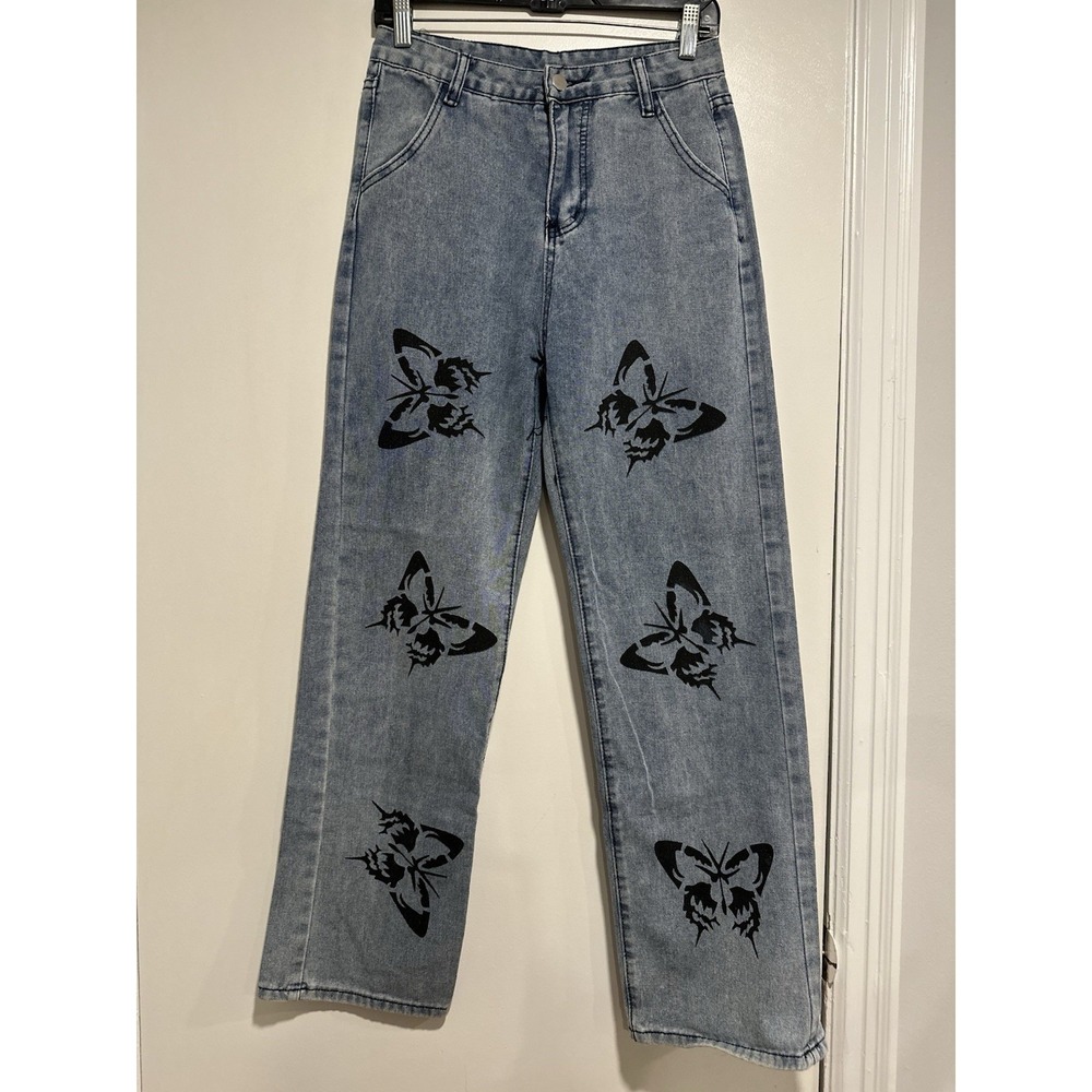 Unbranded Y2K Butterfly Wide Leg Jeans Sz:S Blue Relaxed Denim